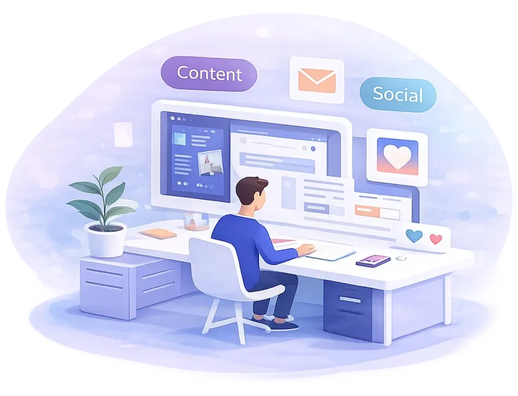 Illustration of a person at a desk managing content, email, and social media marketing